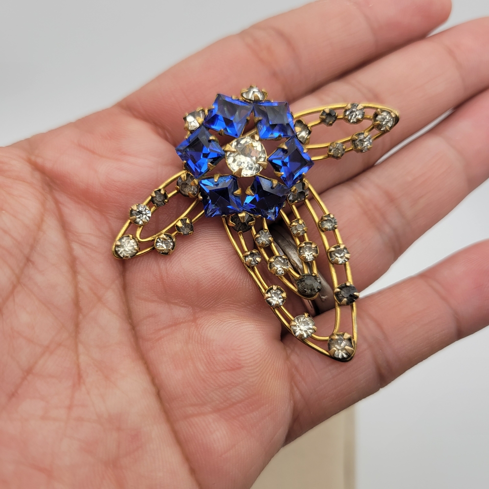 Vintage MCM M&S Gold Filled Cobalt Blue & White Rhinestones Brooch Pin